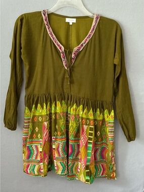 Velzera Bohemian Embroidery V Neck Tunic Blouse M Olive Green Tribal Festival